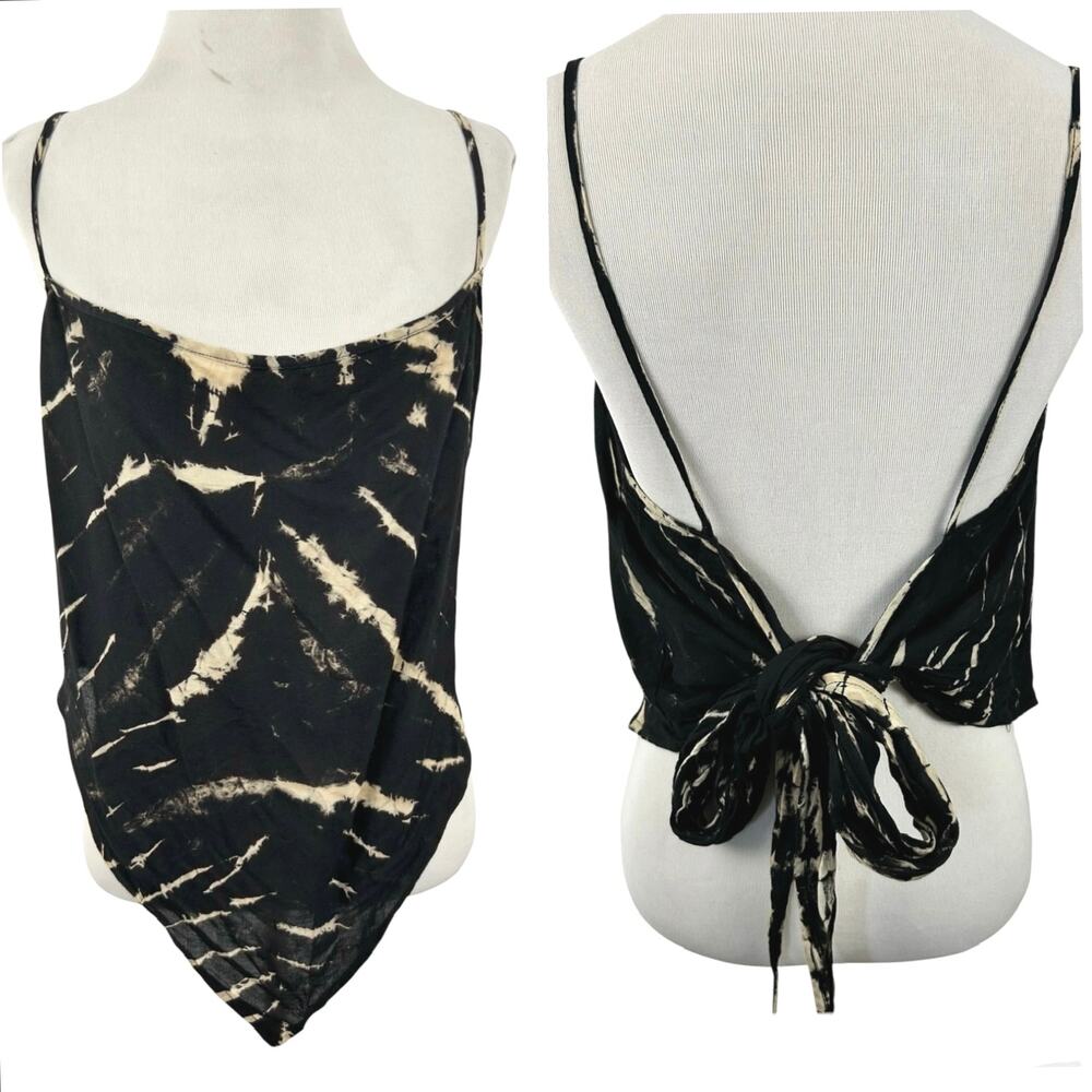 Black Beige Tie Dye Handkerchief Hem Tie Back Cami Top One Size Y2K Boho